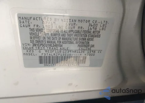 2019 Nissan Kicks S z USA, uszkodzony, nr VIN 3N1CP5CU1KL549154